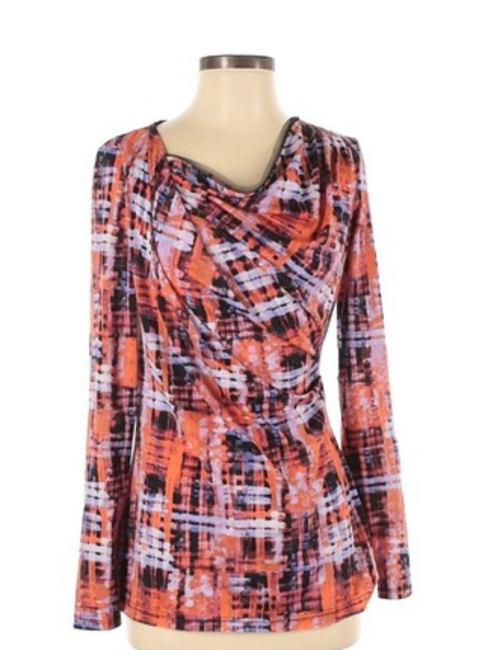 Vera Wang Orange Black White Printed Drape Neck Long Sleeve Top